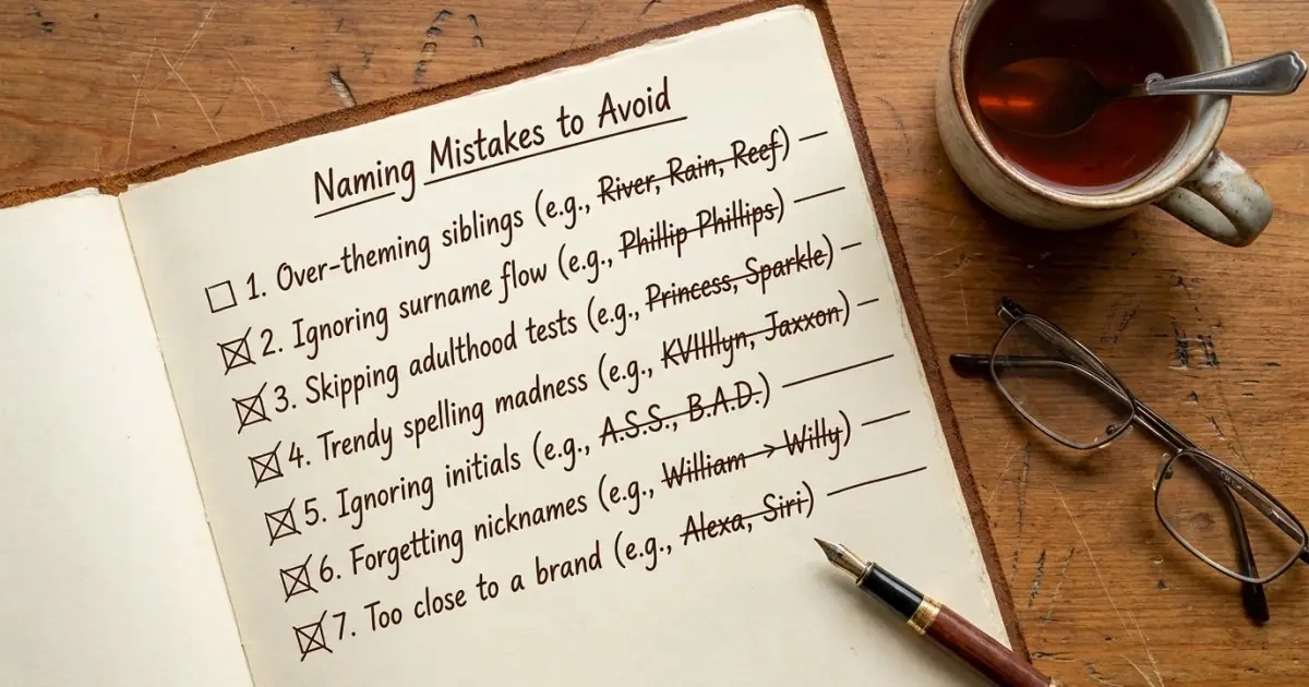 A handwritten journal infographic outlining common mistakes when selecting a happy name.