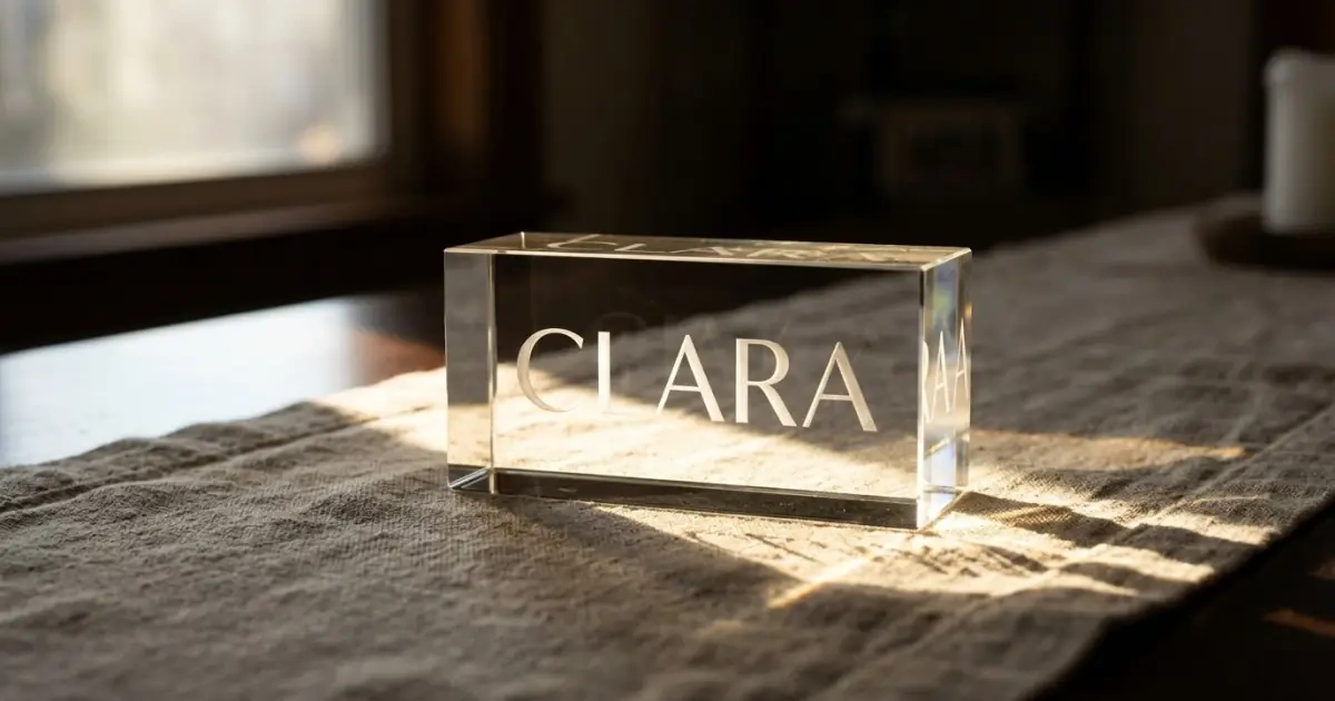 A morning sunbeam illuminating a name etched into a clear glass prism on linen.