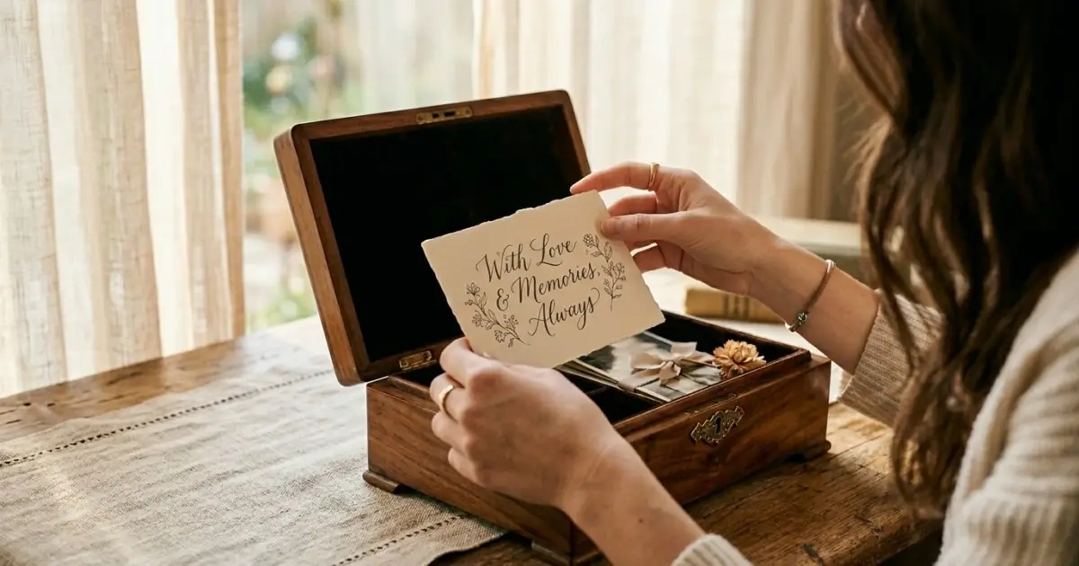 A close-up of a woman placing a calligraphy card into a wooden keepsake box