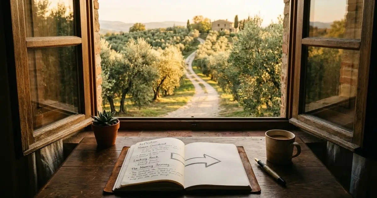 An open journal pointing toward a bright sunlit pathway through a garden outside