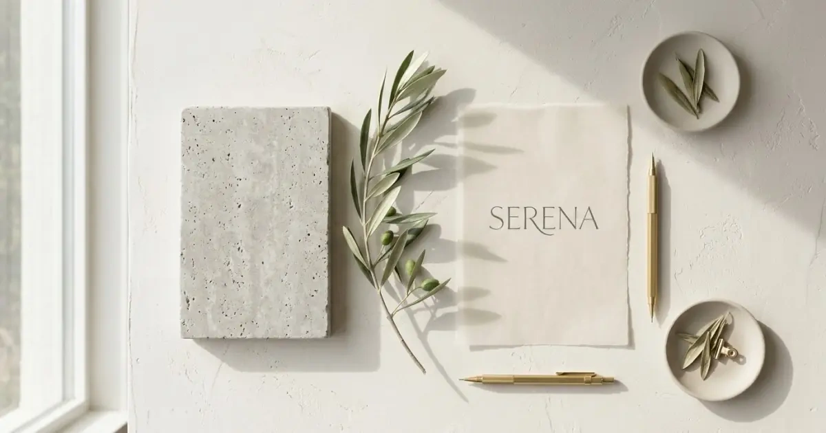 Structured calligraphy of a name next to a smooth stone block and a delicate olive branch.