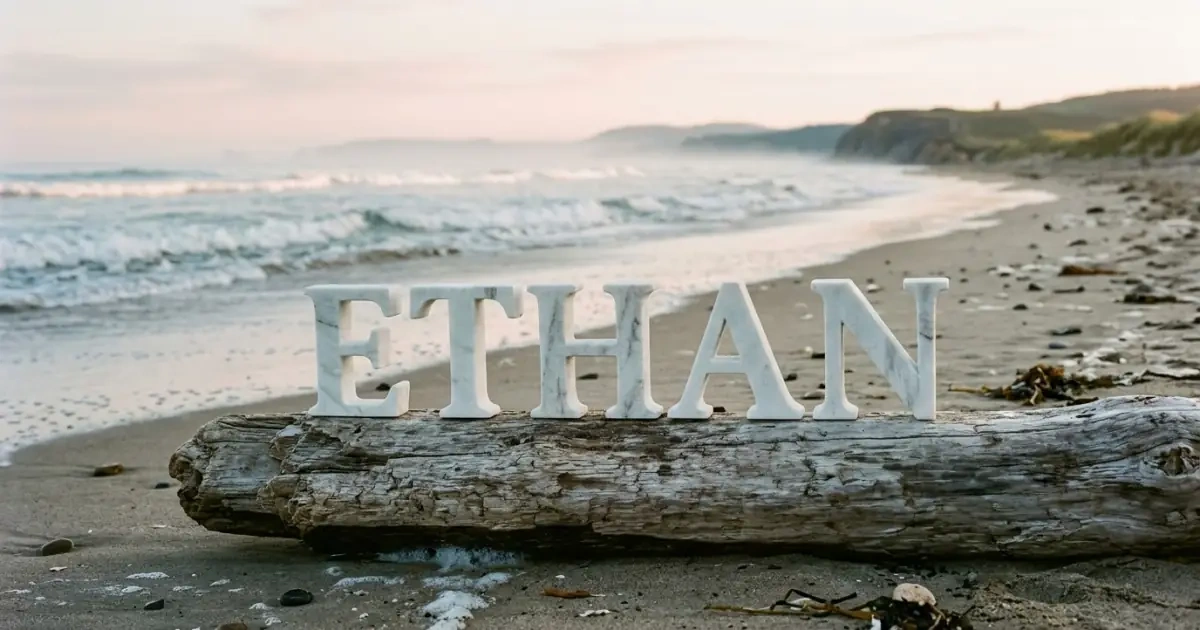 Minimalist white marble lettering of a name on driftwood with a calm ocean sunrise background.