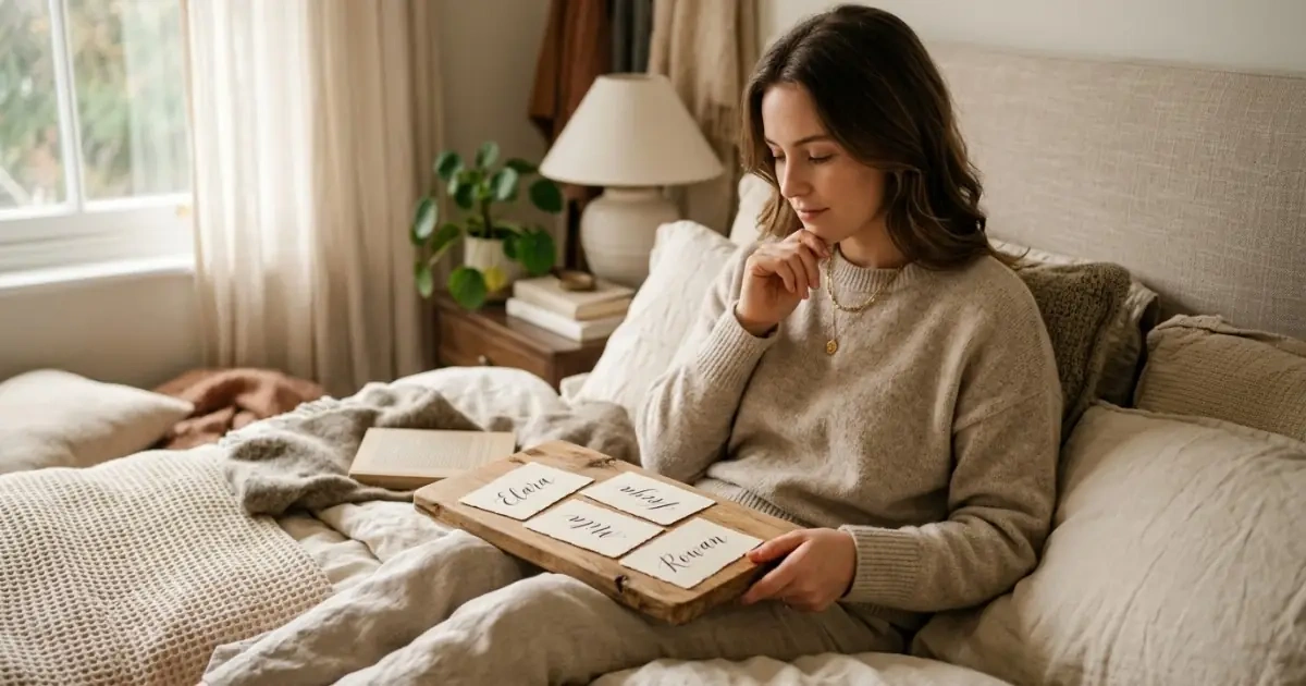A thoughtful woman looking at a shortlist of choices, illustrating that naming a baby after birth is normal.