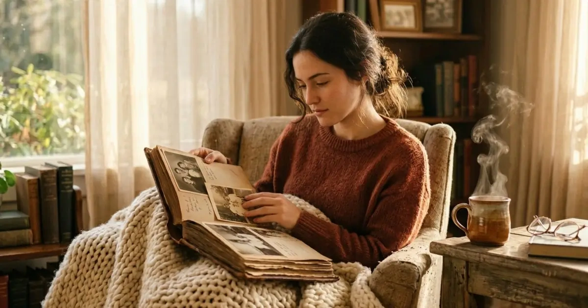 A young woman reflecting lovingly over family history while holding an album in warm sunlight.