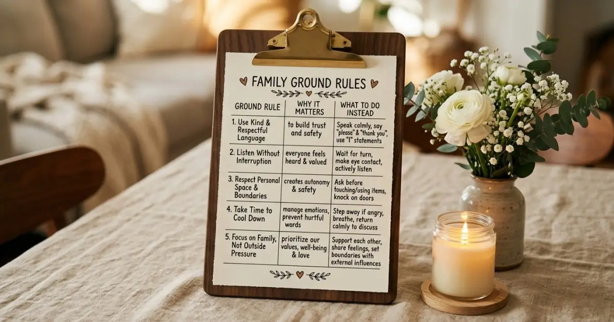 A beautiful lifestyle photographic infographic displaying ground rules for peaceful family discussions