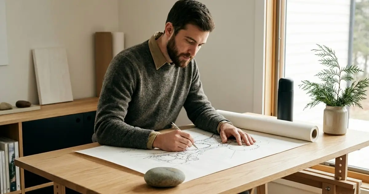 A young man sketching at a modern drafting table with organic design elements