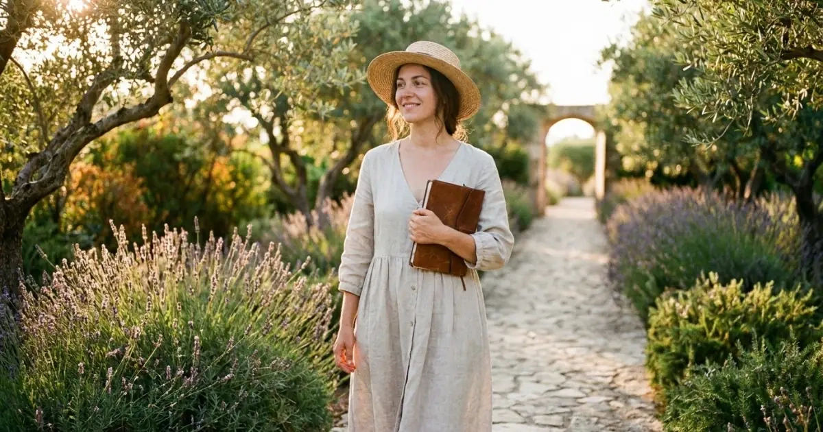 A serene woman walking through a sunlit garden path ready for the next naming step