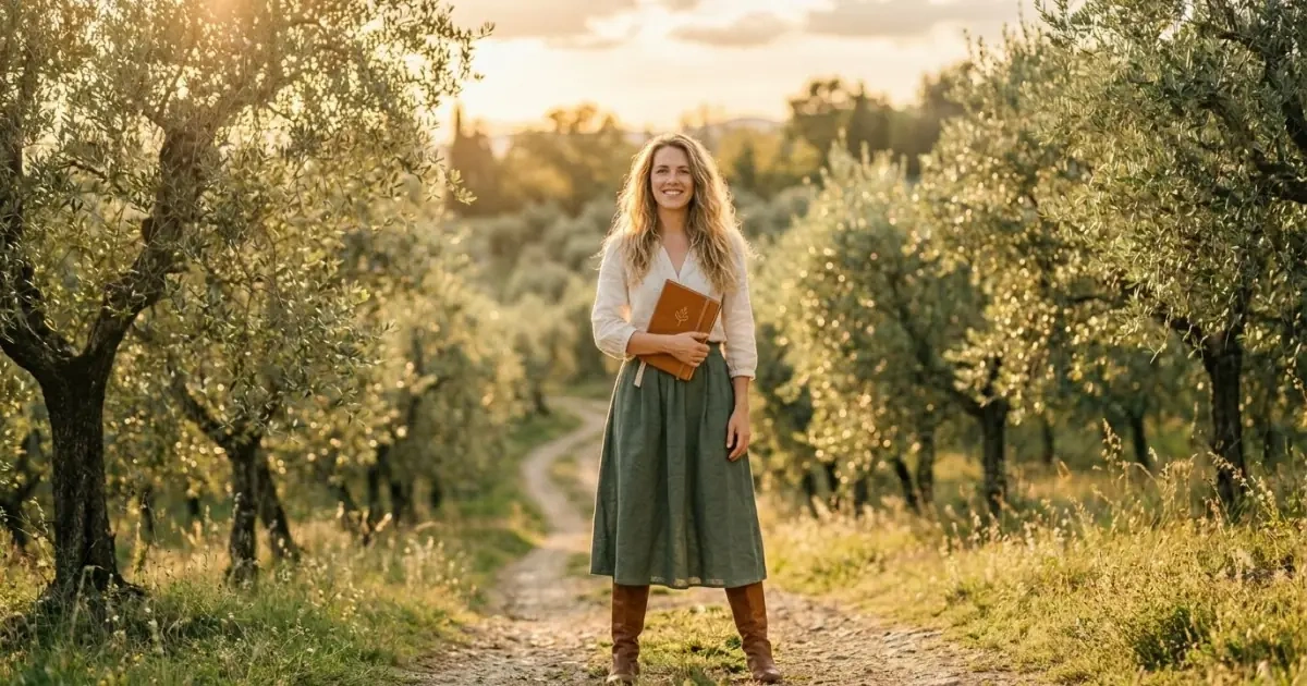 A young woman walking through a sunlit olive grove, symbolizing next steps for gentle baby names.