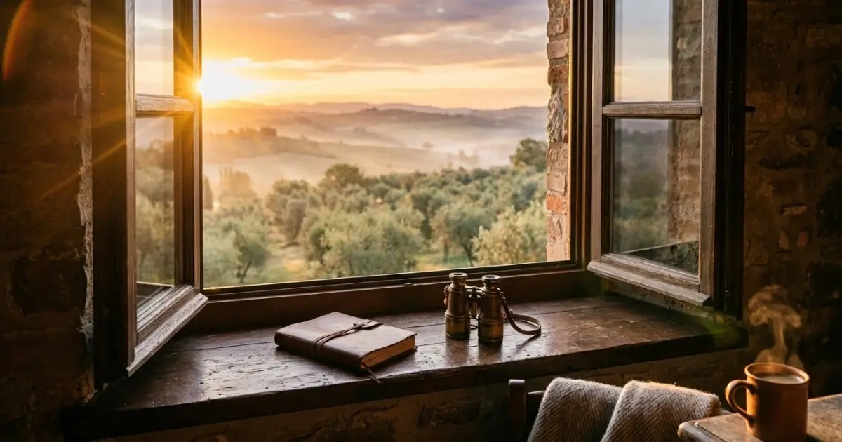 An open window with a journal looking out onto an olive grove at sunrise