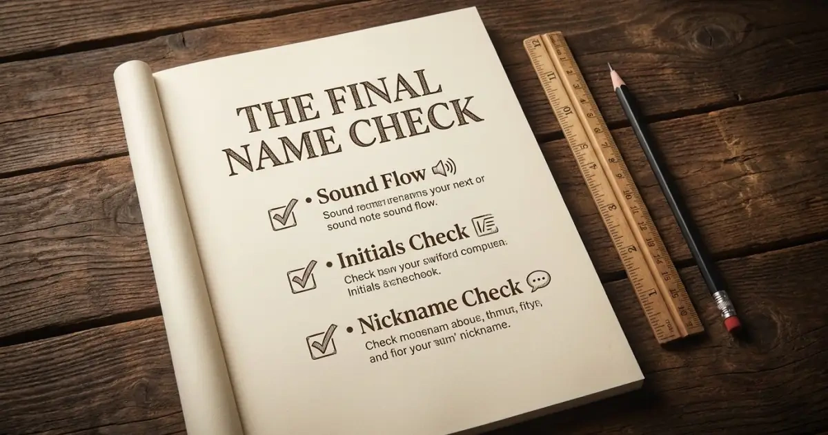 A handwritten checklist on a wooden table, performing a nickname risk baby names test.