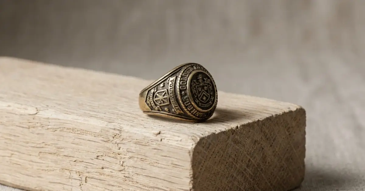 An ornate brass signet ring resting on a simple block of wood symbolizing noble baby names.