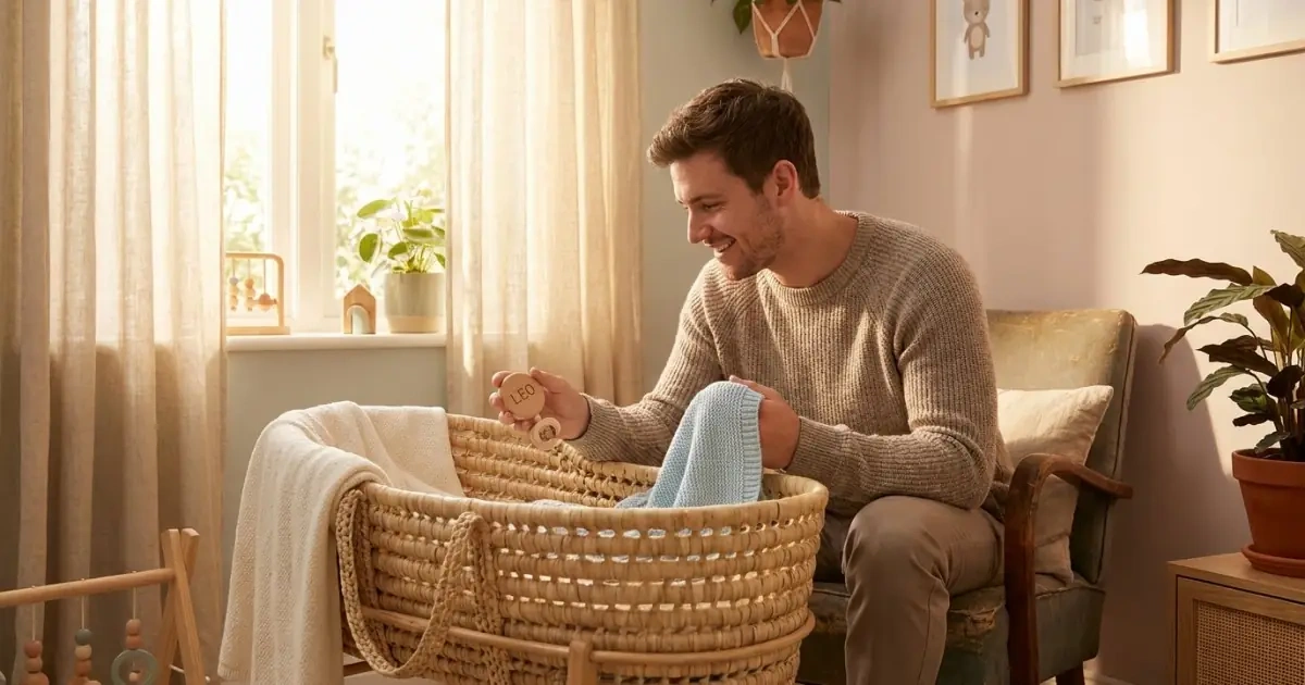A young father in a sunlit room establishing parent-preferred baby name nicknames early.