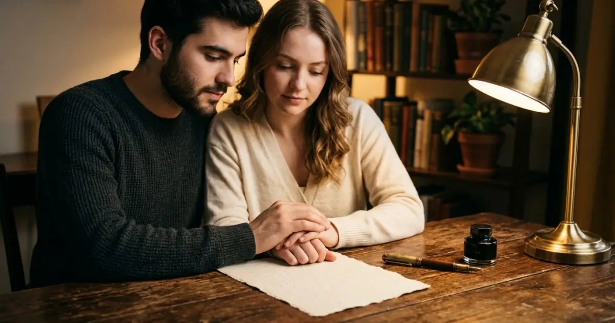 A young couple thoughtfully planning their baby name style to choose a name that ages well.