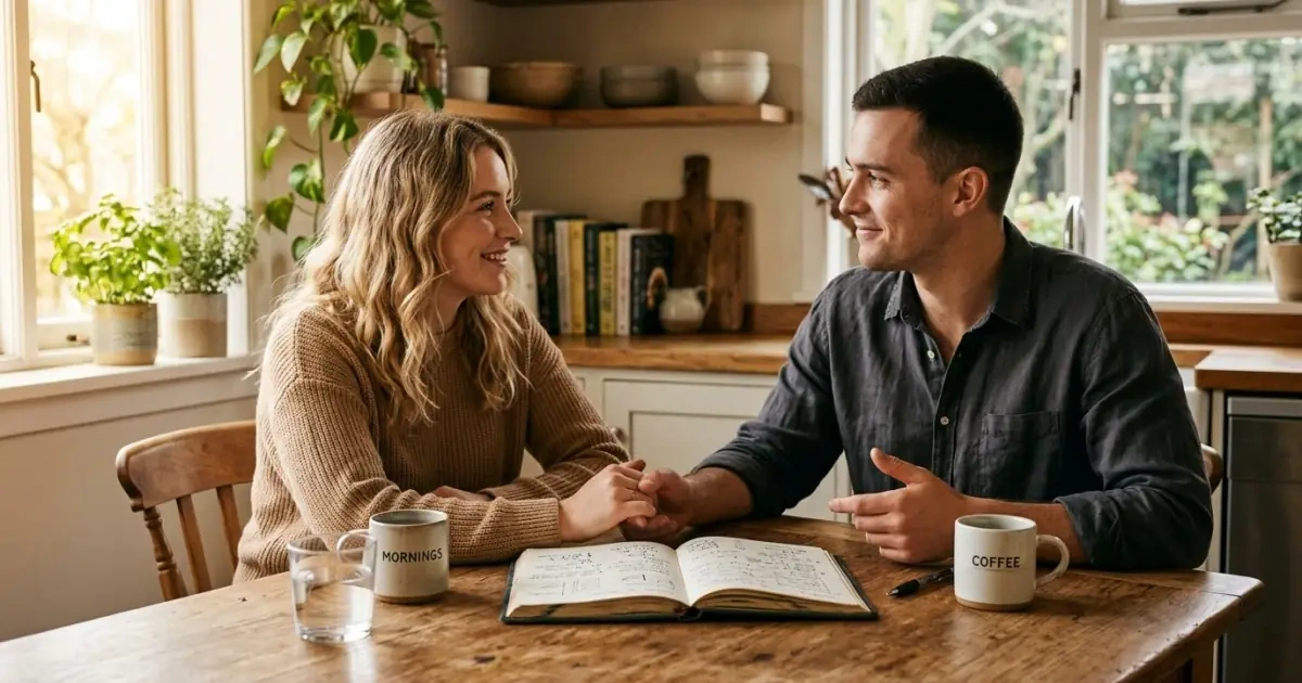 A couple holding hands and talking calmly, resolving differences when deciding a name together.