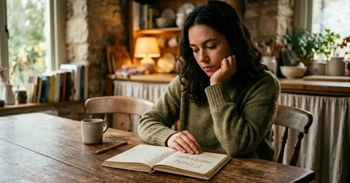 A woman thoughtfully looking at her notebook when a planned name feels wrong after birth.
