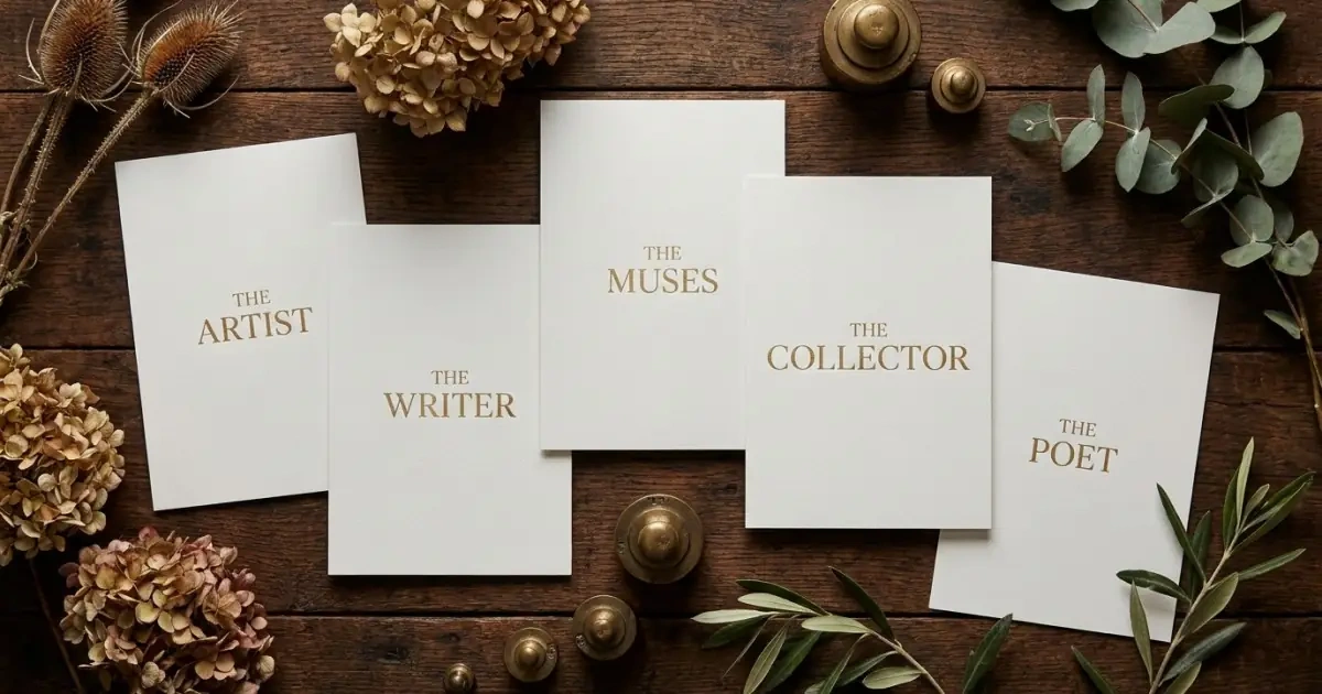 Five elegant cardstock labels on a rustic table categorizing name choices from rare to popular