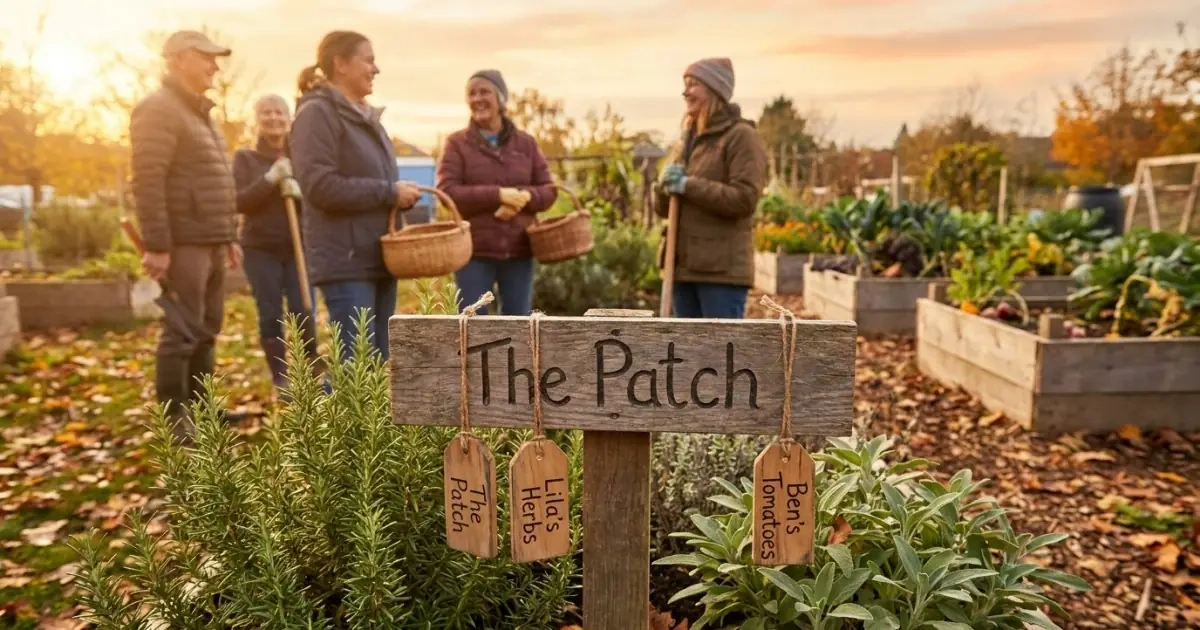 A community garden sign with hand carved name tags showing local name popularity