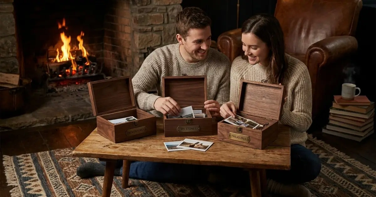 A couple organizing matching wooden memory boxes with harmoniously styled sibling names