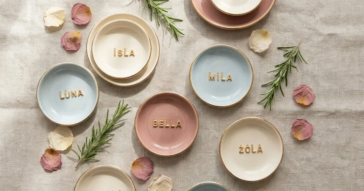 Ceramic dishes holding golden letter charms representing similar baby name sound clusters