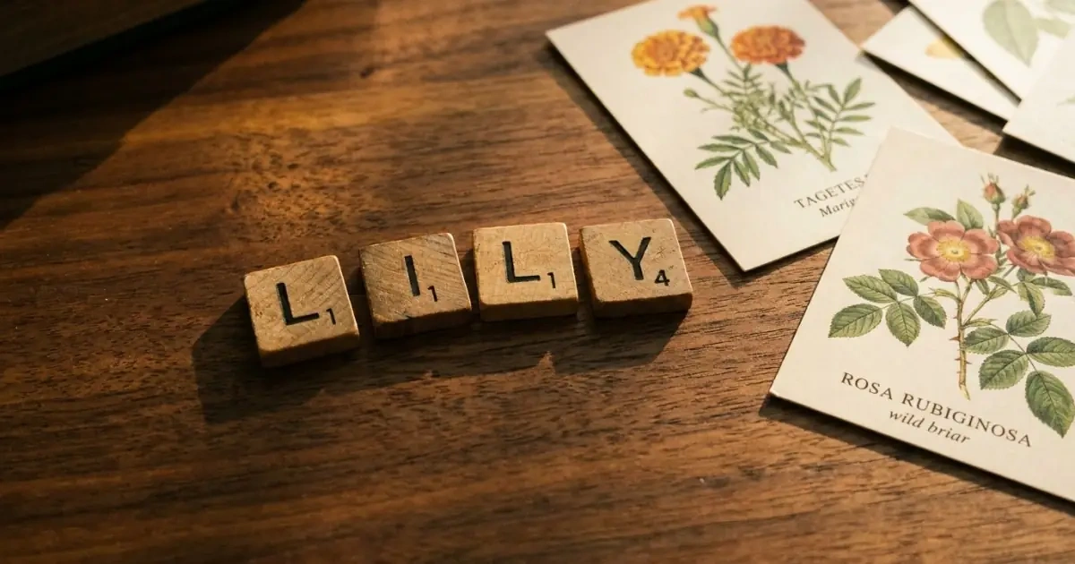 Vintage wooden letter tiles and botanical cards on a warm walnut table