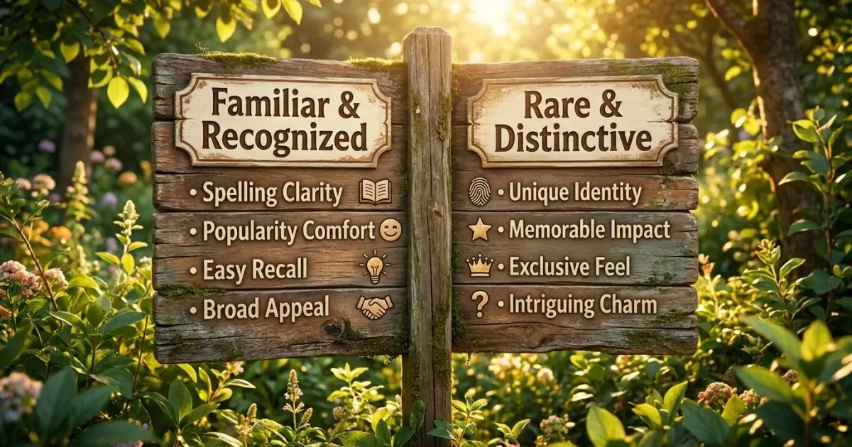 A rustic garden sign board infographic outlining tradeoffs between popular and rare names.