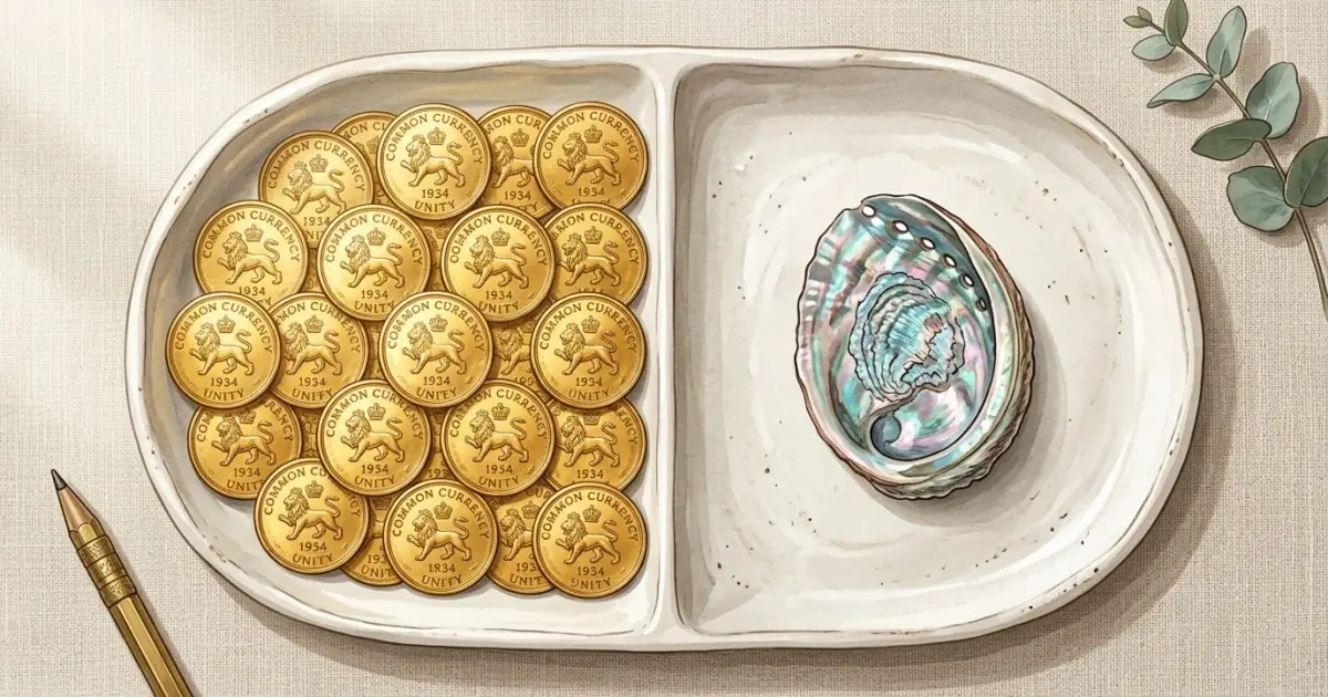 A stylized ceramic tray comparing common gold coins with a rare unique seashell