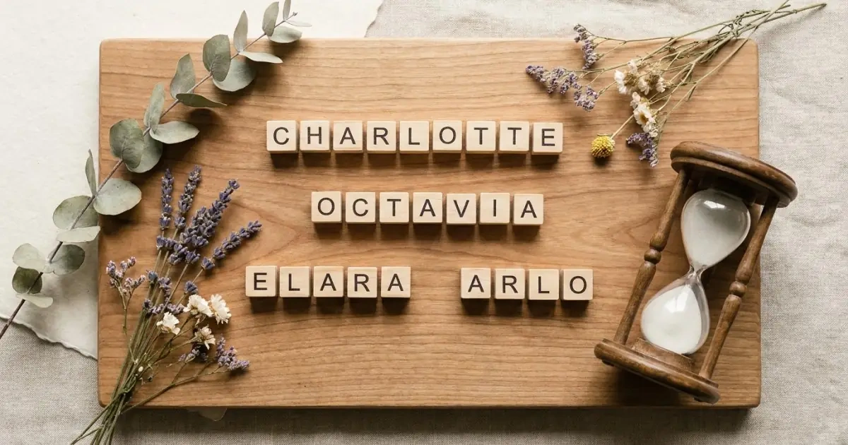 Wooden letter tiles spelling names alongside an hourglass, exploring popular vs rare royal baby names.