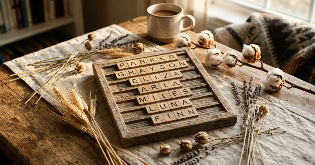 Vintage letter tiles spelling out popular surname names on a rustic board