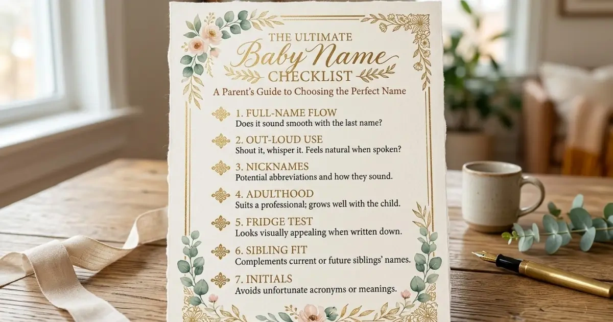 A beautifully formatted baby name practical checklist with gold foil accents