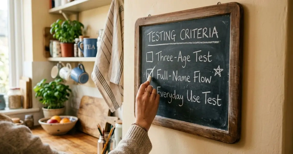 A cozy kitchen chalkboard showing practical tests to run before choosing a name.