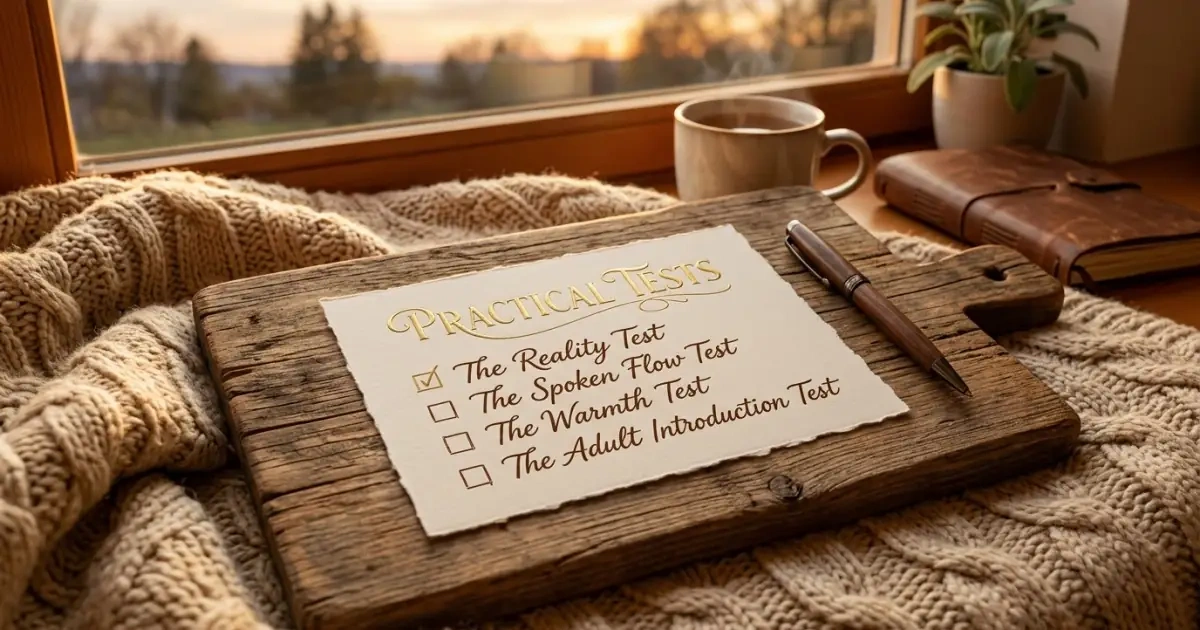 Cozy wooden board infographic displaying practical tests for choosing baby names