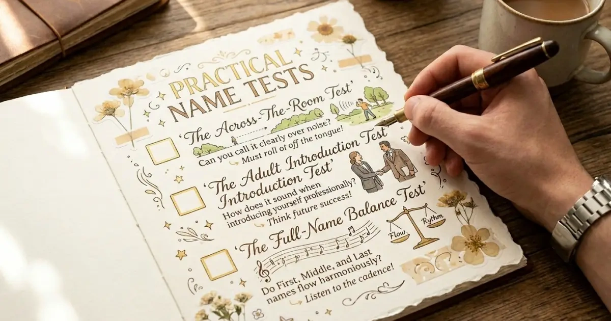 A hand-drawn scrapbook page featuring a practical checklist for testing gentle baby names.