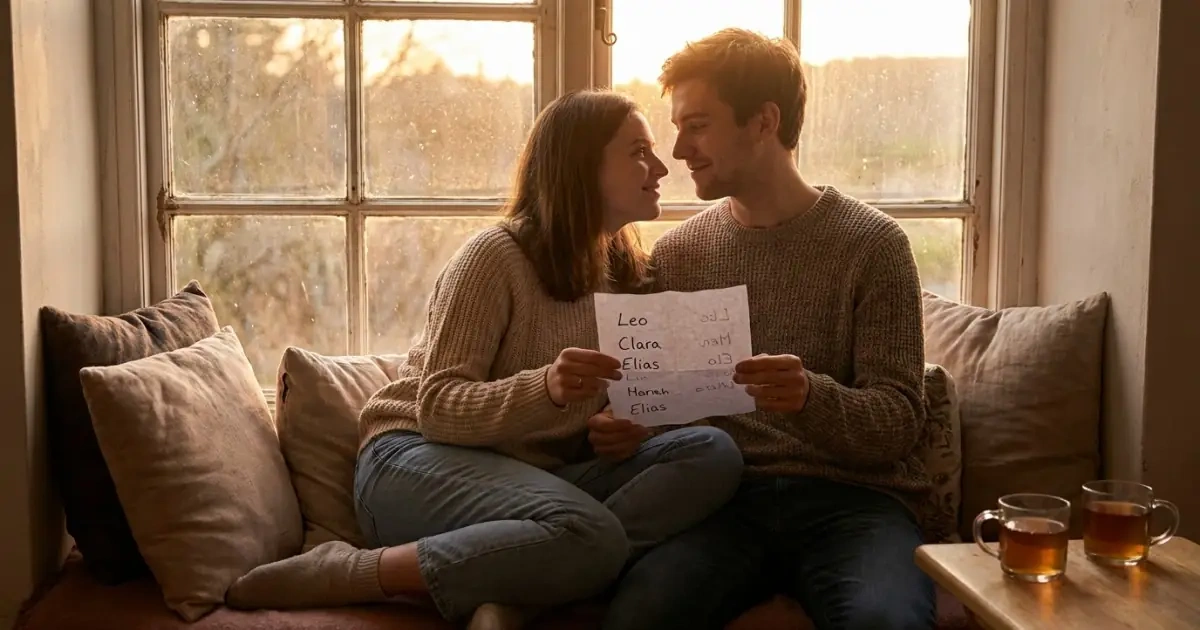 Young couple having a comforting discussion on a window seat about popular baby names
