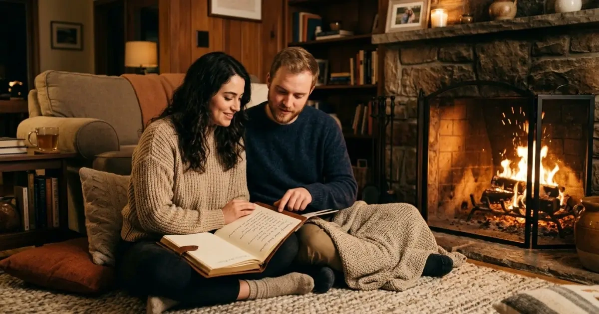 A young couple discussing questions about soft and gentle baby names by a warm fireplace.