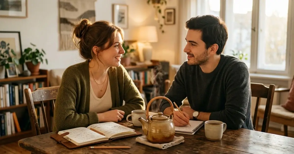 Young parents sitting at a table discussing common questions about strong baby names.