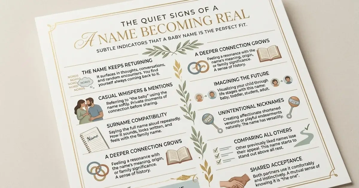 A scannable editorial infographic listing the quiet signs a name is the right choice