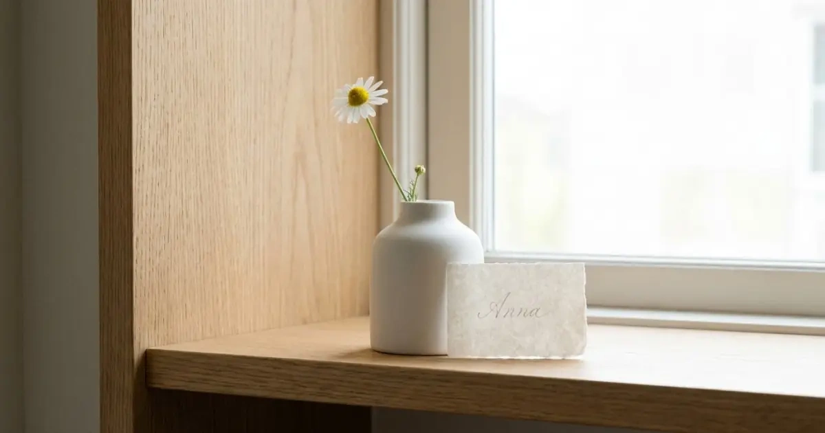 A minimalist vase and a simple name card representing quiet spiritual names for babies