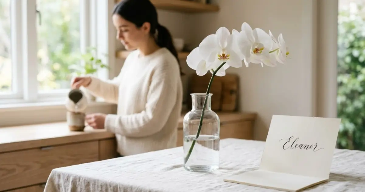 A rare white orchid next to a clearly handwritten note, representing rare soft baby names.