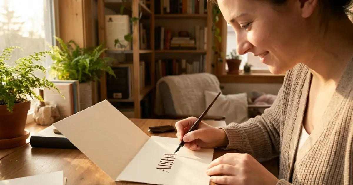 A mother writing a rare name to demonstrate teachable and approachable baby names.