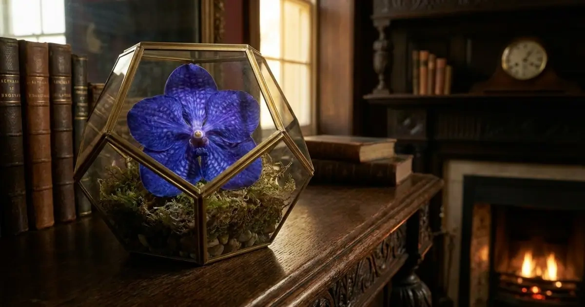 An exotic orchid inside a glass terrarium symbolizing rare baby middle name ideas.
