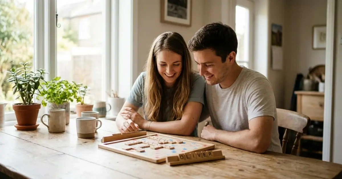 A couple examining wooden letter tiles to visualize name options.