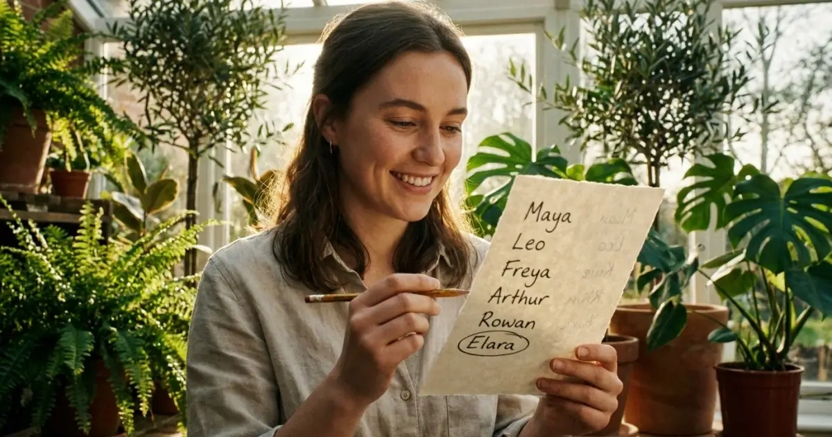 Young woman selecting a distinctive baby name from a list in a sunlit garden.