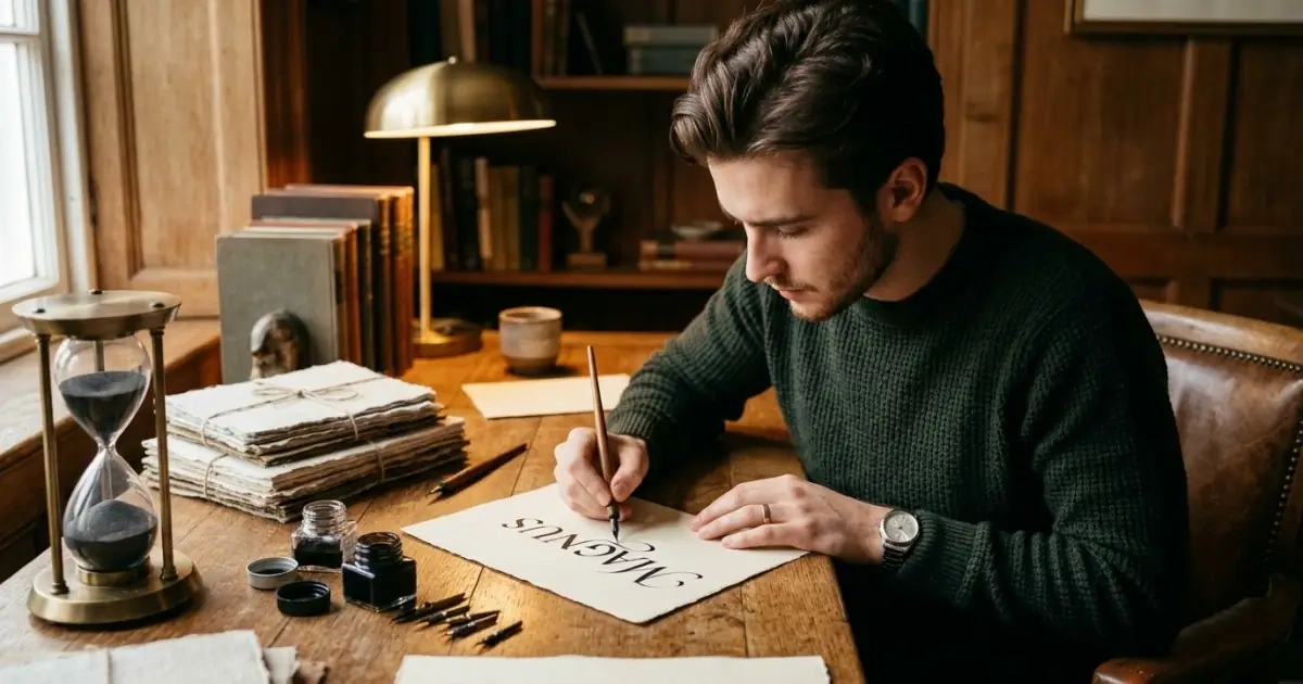A young man practicing calligraphy on thick paper to test rare powerful baby names.