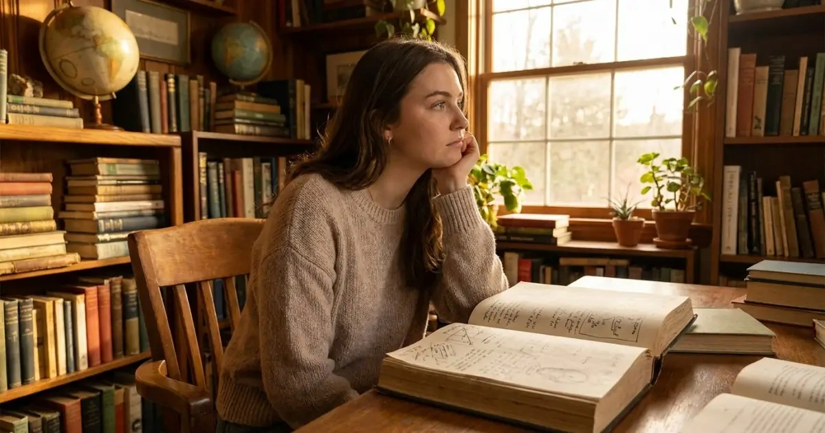 Young woman researching meaningful baby names in a sunlit library.