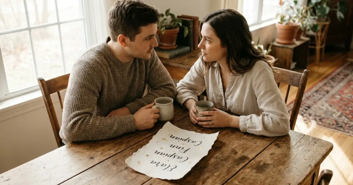 A young couple discussing a handwritten list of unique baby names at a rustic table