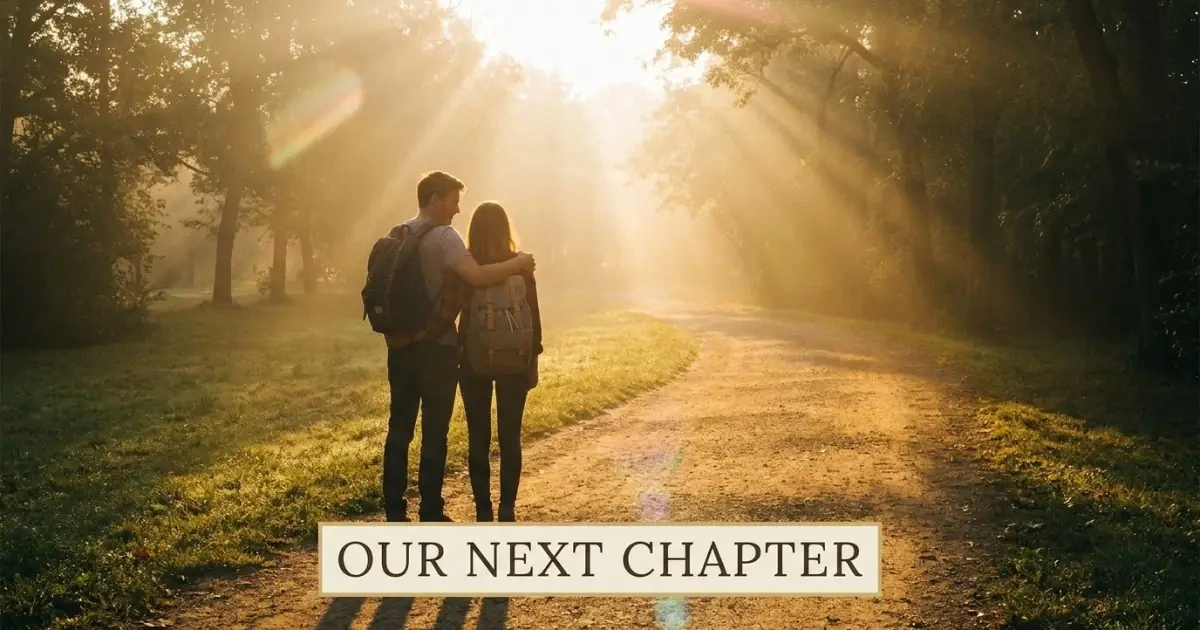 A young couple standing at the start of a sunny park pathway looking toward the future