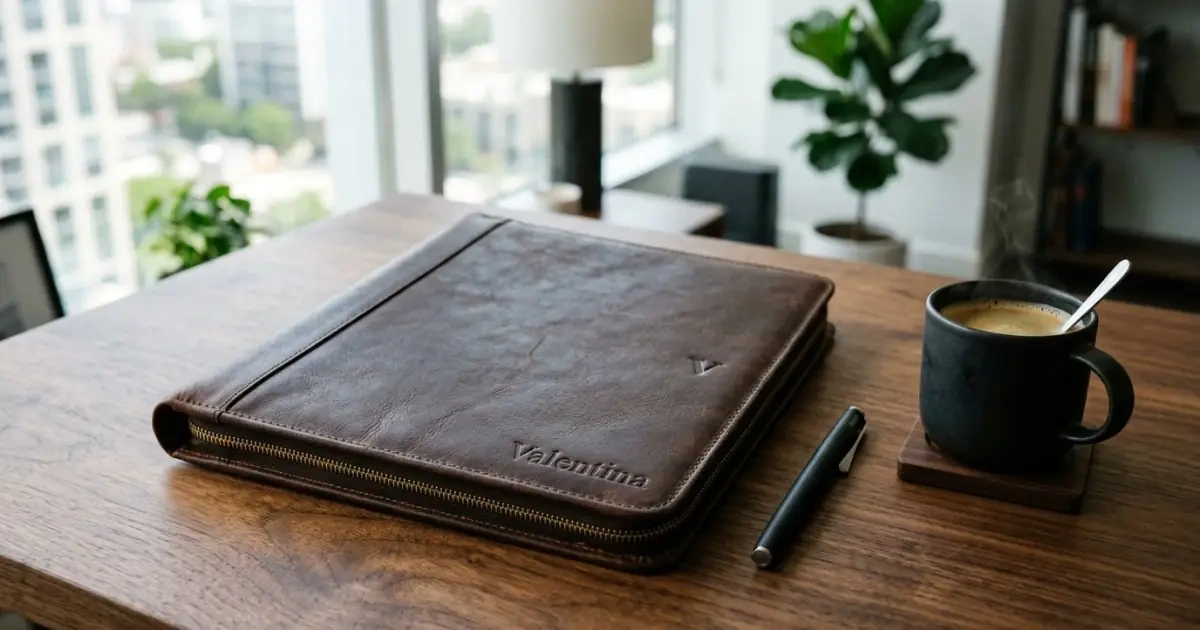 A personalized leather portfolio embossed with a name, showing adult wearability