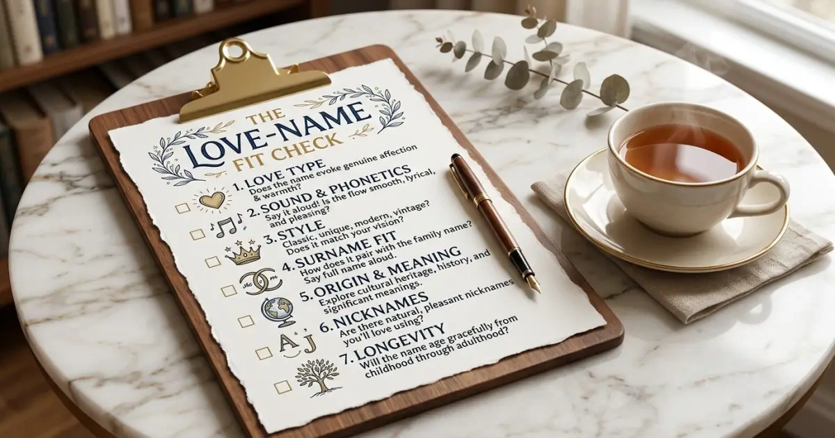 An elegant checklist infographic on a gold clipboard reviewing romantic baby names usability