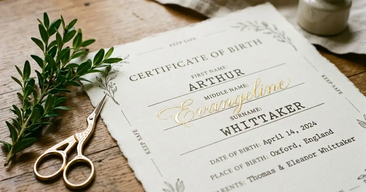 A beautifully designed keepsake document highlighting a romantic middle name in gold script
