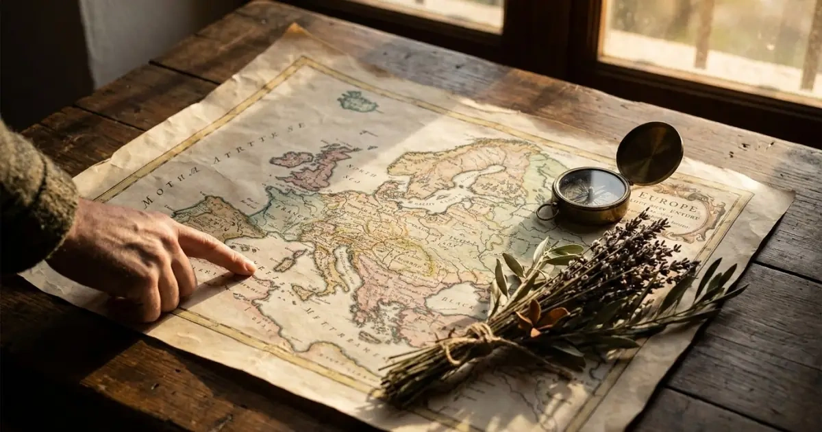 A vintage European map and compass showing the cultural heritage of royal names for babies.